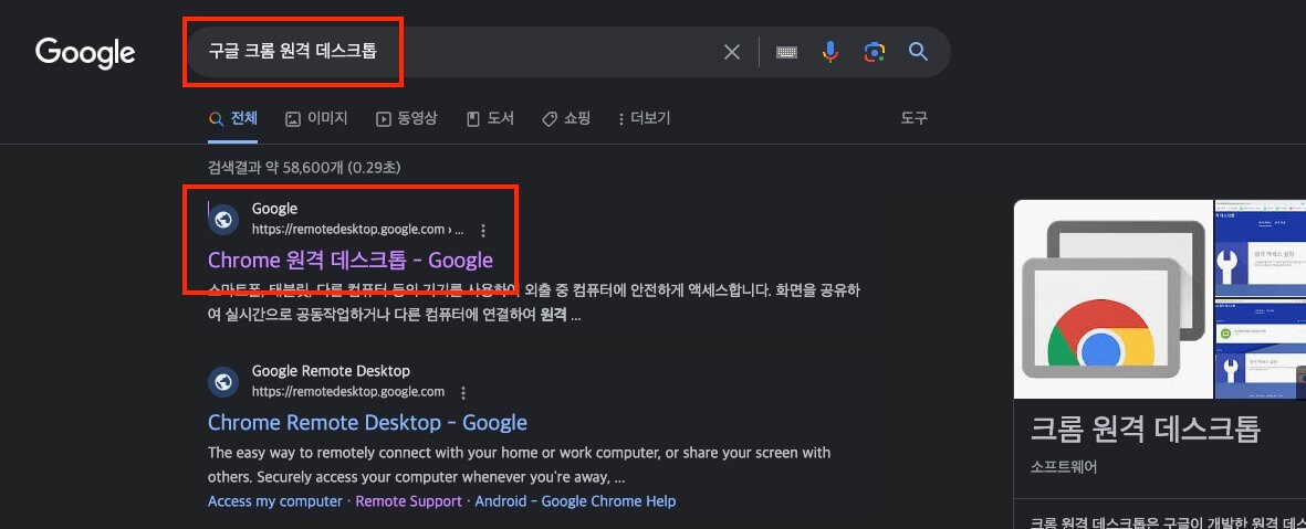 크롬 주소창에서 '구글 크롬 원격 데스크톱'을 검색한 결과 화면